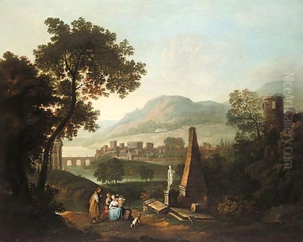 A Classical Landscape With A Family In The Foreground And An Obelisk And Ruins To The Right Oil Painting by George, of Chichester Smith