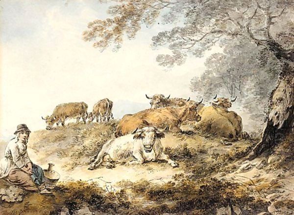 A Milkmaid And Cattle By A Tree Oil Painting by Julius Caesar Ibbetson