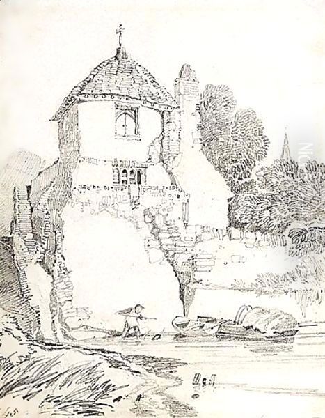 A Child Playing In A River Below A Cottage, Guildford, Surrey Oil Painting by John Sell Cotman