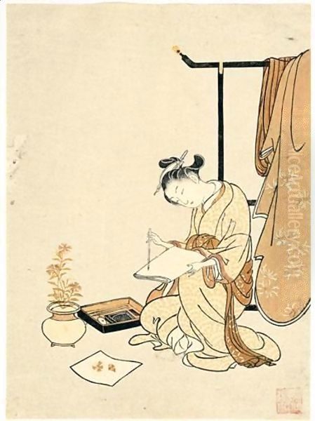 Jeune Femme Ecrivant Un Poeme Oil Painting by Suzuki Harunobu