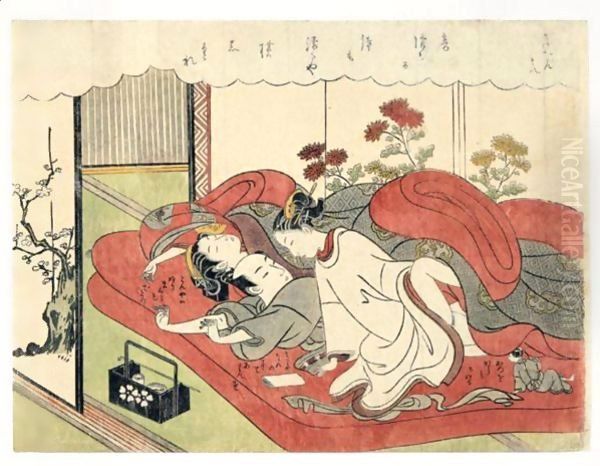 Shunga Scene De Maison Close Oil Painting by Suzuki Harunobu