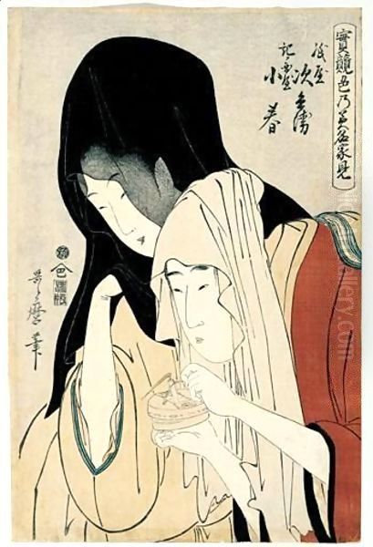 Kamiya Jihei Kinokuniya Koharu. Jihei De La Kamiya Et Koharu De La Kinokuniya. Personnages De Theatre Les Amants Koharu Et Jihei Oil Painting by Kitagawa Utamaro