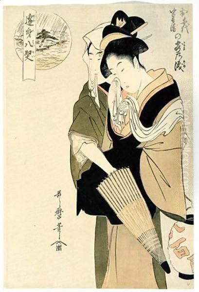 Ochiyo Hambei No Yoru No Ame-Namida. Ochiyo Et Hambei. Les Larmes Qui Perlent Ou La Pluie Le Soir Oil Painting by Kitagawa Utamaro