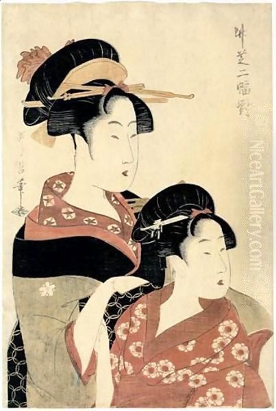 Takeshiba Nifuku Tsui. Deux Beautes A Takeshiba Oil Painting by Kitagawa Utamaro