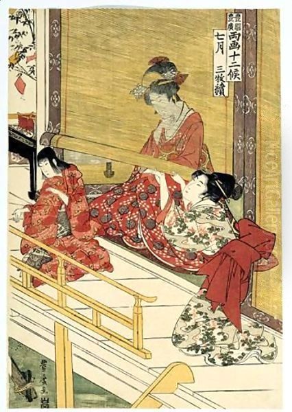 Shichigatsu Sanmai Tsuzuki. Le Septieme Mois, Triptyque Oil Painting by Utagawa Toyohiro