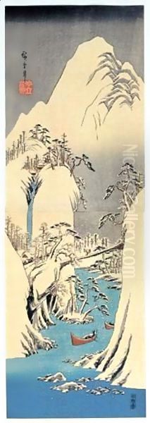 Setchu Fujikawa. En Amont Du Fleuve Fuji Enneige Oil Painting by Utagawa or Ando Hiroshige