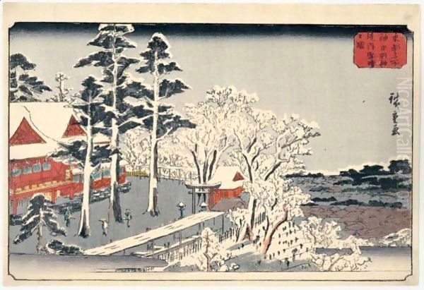 Kanda Myojin Keidai Yuki Bare No Zu. Beau Temps Apres La Neige Au Sanctuaire Myojin A Kanda Oil Painting by Utagawa or Ando Hiroshige