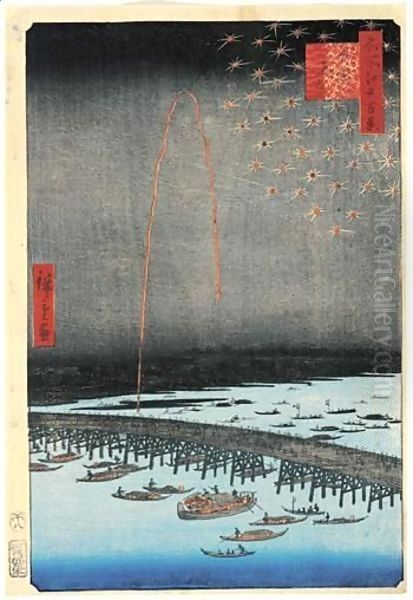 Ryogoku No Hanabi. Feu D'Artifice A Ryogoku Oil Painting by Utagawa or Ando Hiroshige