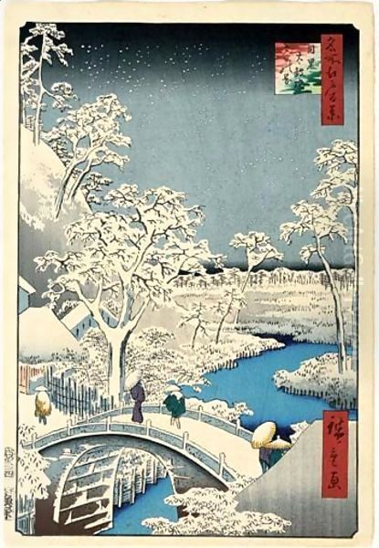 Meguro Taiko Bashi Yuhi Ga Oka. Le Pont De Taiko Sous La Neige, Colline Au Crepuscule Oil Painting by Utagawa or Ando Hiroshige