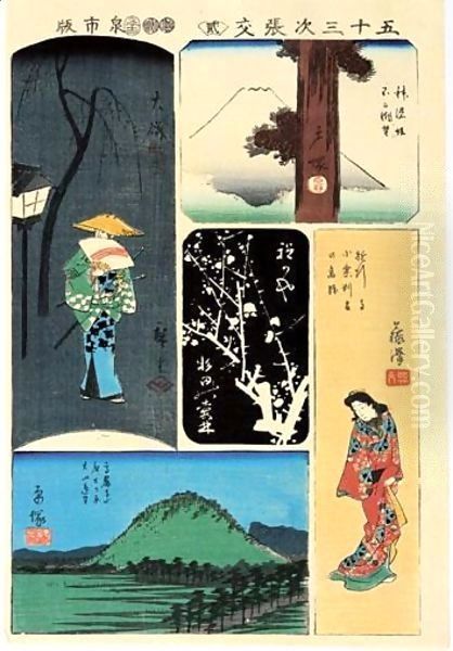 Harimaze-E A Cinq Sujets Oil Painting by Utagawa or Ando Hiroshige