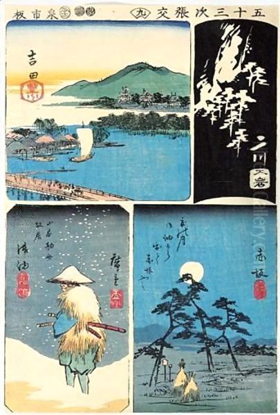 Harimaze-E A Quatre Sujets Oil Painting by Utagawa or Ando Hiroshige