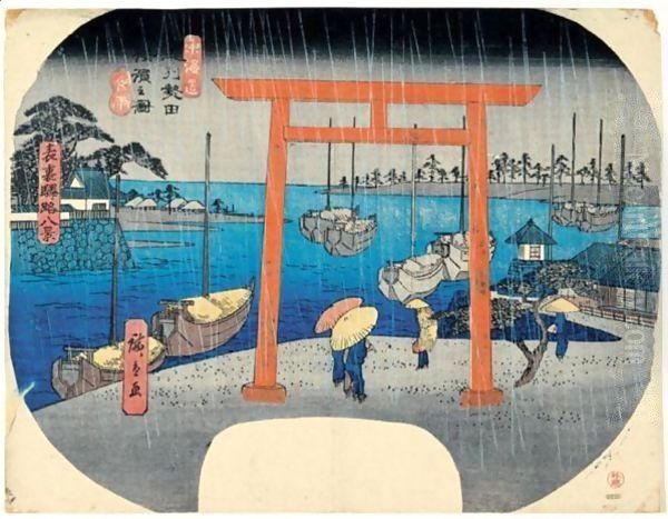 Tokaido Bishu Atsuta Kaihin No Zu. Yau. Pluie Sur La Plage D'Atsuta (Province D'Owari) Sur La Route Du Tokaido Oil Painting by Utagawa or Ando Hiroshige