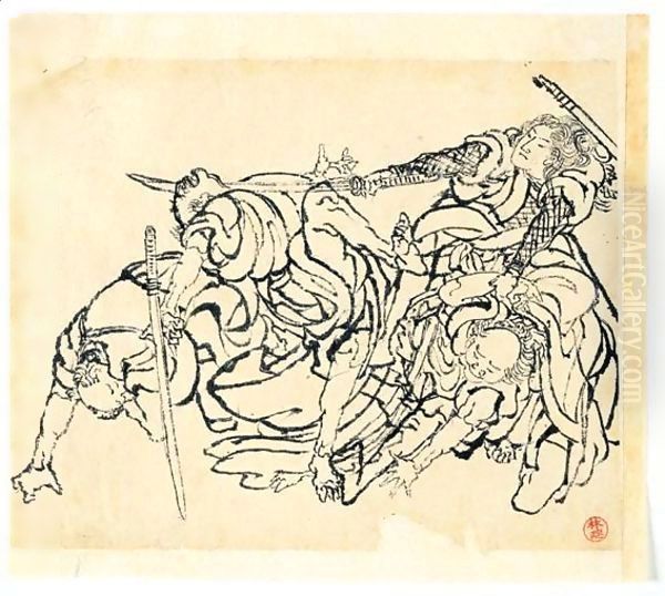 Dessin Lutte De Guerriers Oil Painting by Katsushika Hokusai