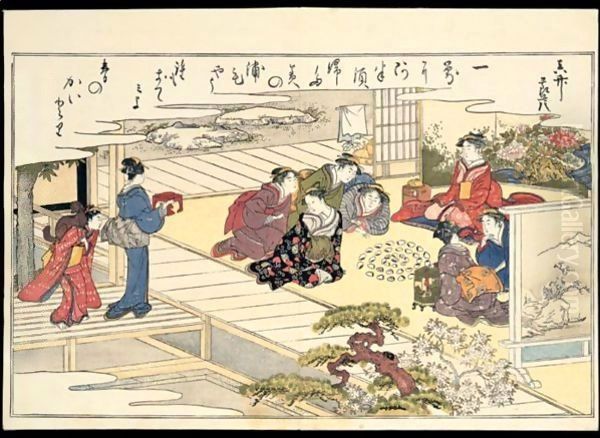 Shiohi No Tsuto. Souvenirs De La Peche A La Maree Basse Anthologie De Poemes Kyoka Sur Le Theme Des Coquillages Oil Painting by Kitagawa Utamaro