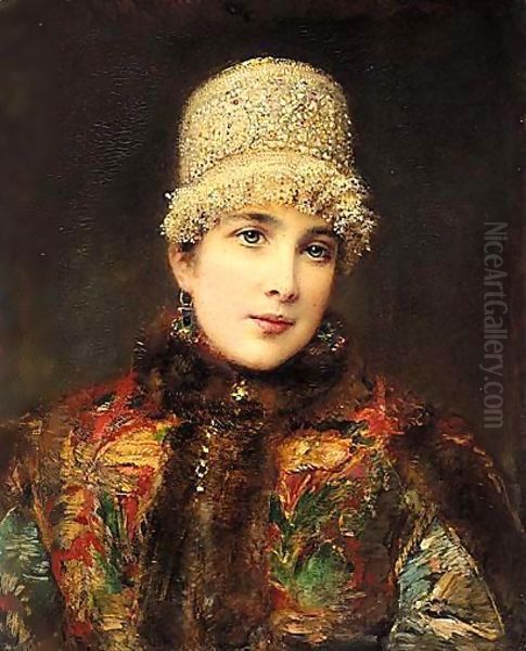 Young Russian Beauty In A Kokoshnik Oil Painting by Konstantin Egorovich Egorovich Makovsky