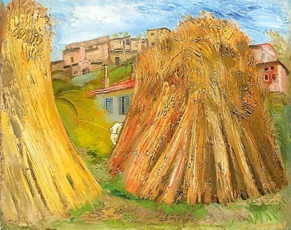 Haystacks Oil Painting by Boris Dmitrievich Grigoriev