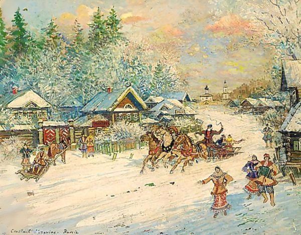 Troika Dashing Through The Snow Oil Painting by Konstantin Alexeievitch Korovin