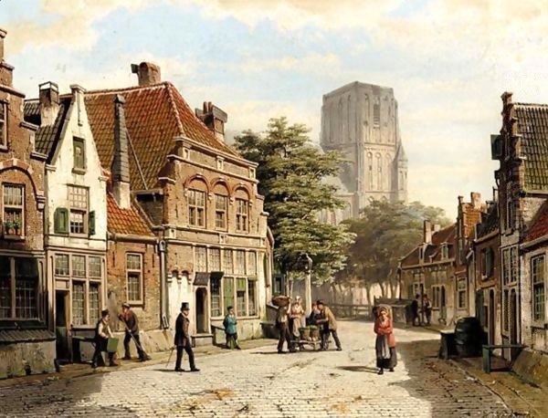 Dutch Street With Church Tower Oil Painting by Willem Koekkoek