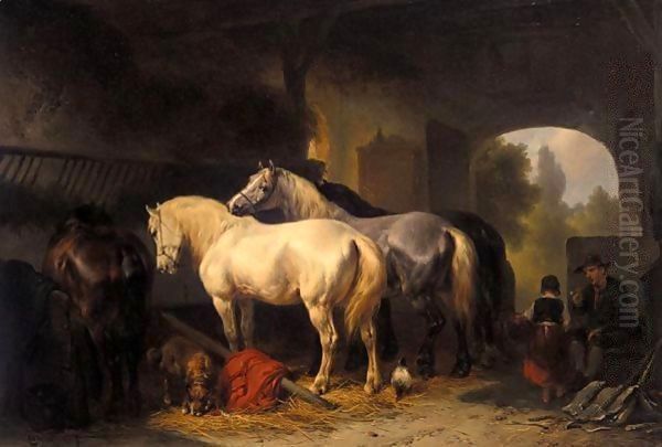 Four Horses In A Stable Oil Painting by Wouterus Verschuur