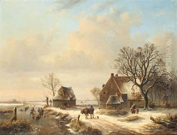 A Winter Landscape Oil Painting by Eugene Verboeckhoven