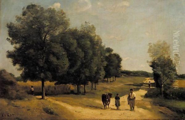 Carrefour Dans La Campagne (Environs De Marcoussis) Oil Painting by Jean-Baptiste-Camille Corot