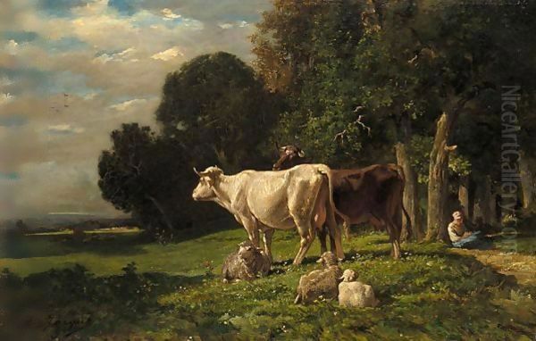 Paysage Avec Vaches Et Moutons Oil Painting by Charles Emile Jacque