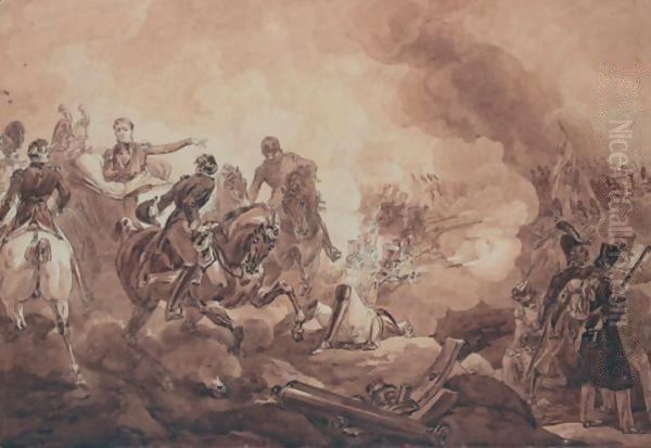 Bataille De La Moscova, Prise De La Redoute, Mort De Moreau A La Bataille De Dresde, Bataille De Brienne En 1814, Bataille De Wagram, Massena Blesse Commande Ses Troupes D'Une Caleche Oil Painting by Pierre Martinet