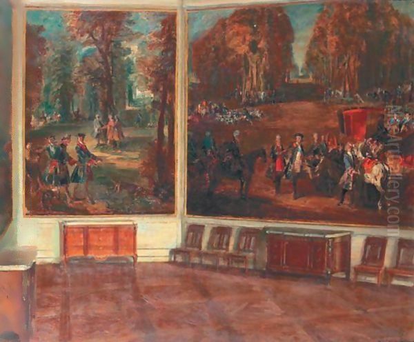 Interieur Du Chateau De Fontainebleau Avec Deux Grands Tableaux De Chasse Oil Painting by Walter Gay