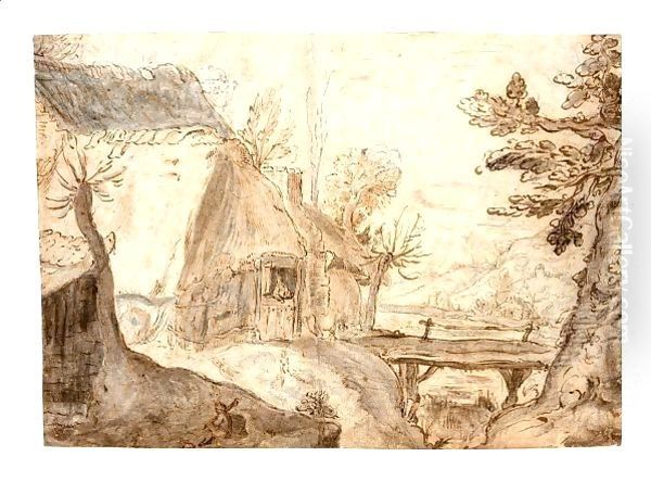 A Rugged River Landscape, With A Thatched House By A Bridge Oil Painting by Gillis van Coninxloo