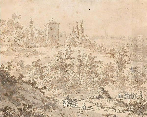 Italianate Landscape With A Group Of Revellers In A Clearing And Travellers On A Road Oil Painting by Frederick De Moucheron