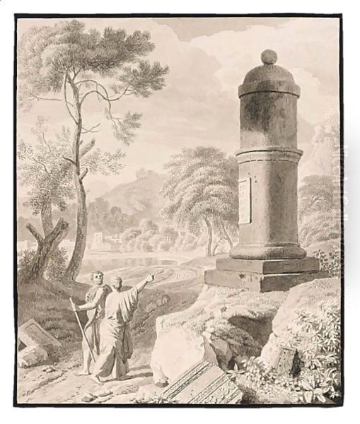 Arcadian Landscape With Two Figures On A Road By A Monument Oil Painting by Johannes (Polidoro) Glauber