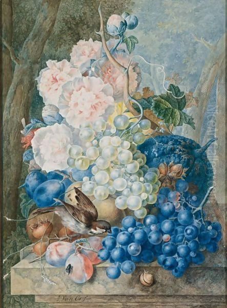 Still Life Of Fruit And Flowers With A Sparrow Oil Painting by Jan van Os