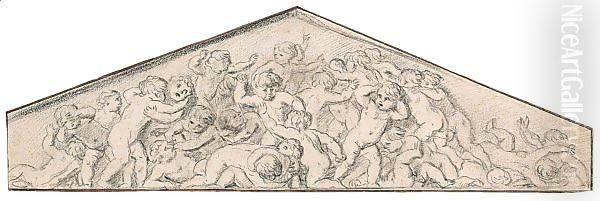 Design For A Tympanum, With Gambolling Putti Oil Painting by Erasmus II Quellin (Quellinus)