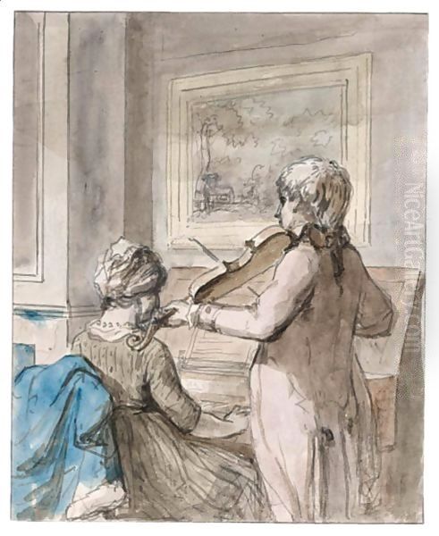 A Young Couple Making Music Oil Painting by Jurriaan Andriessen