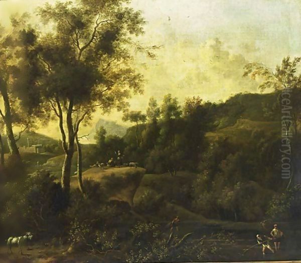 A Southern Wooded Landscape With Fishermen In A Stream And Shepherds With Their Herd In The Background Oil Painting by Frederick De Moucheron