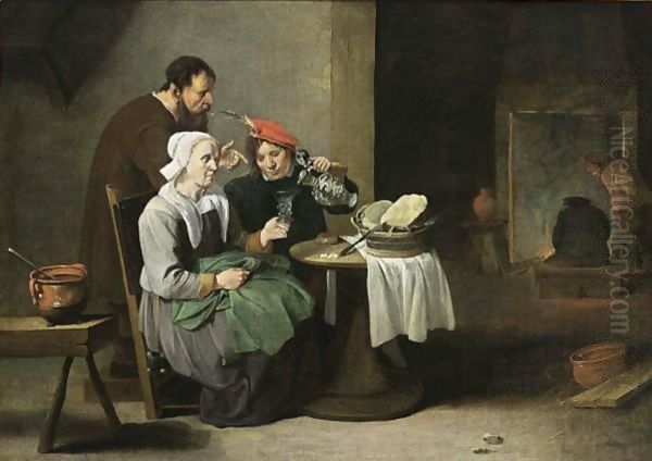 A Peasant Woman And A Young Man Eating And Drinking At A Table, With A Man Standing Behind, Other Figures Near A Fireplace In The Background Oil Painting by Matheus van Helmont