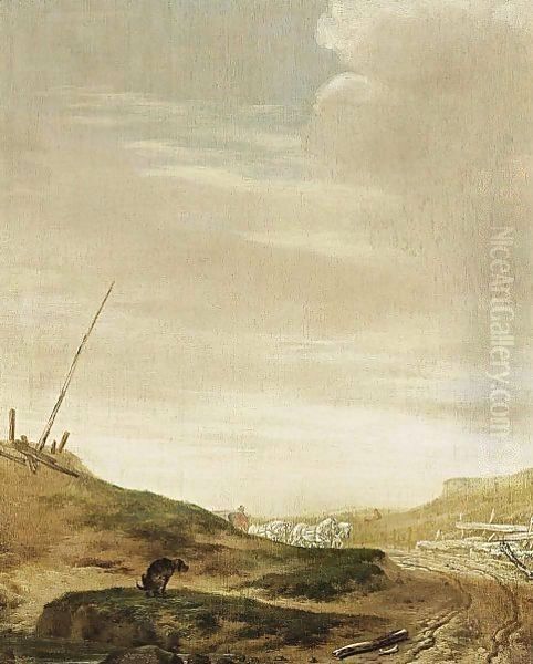 A Dune Landscape With A Horsedrawn Waggon On A Path, And A Dog In The Foreground Oil Painting by Pieter Cornelisz. Verbeeck