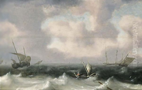 Fishing Boats In Stormy Seas, A Distant View Of A Town Oil Painting by Hendrik van Anthonissen