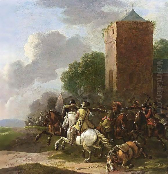 A Cavalry Battle Near A Tower Oil Painting by Simon Johannes van Douw