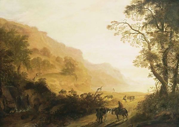 An Italianate Hilly Landscape With Horsemen Resting In The Foreground, Travellers With Donkeys On A Path, And A Waterfall Nearby Oil Painting by Cornelis Matthieu