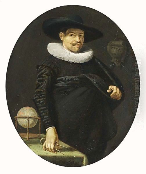 A Portrait Of A Geographer, Aged 34, Standing Three-Quarter Length, Wearing A Black Satin Suit With A White Lace Collar And A Black Hat, A Table With A Globe On The Left Oil Painting by Hendrick Gerritsz Pot