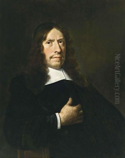 A Portrait Of A Cleric, Aged 65, Wearing A Black Coat With A White Collar And Sleeves And A Black Cap Oil Painting by Hendrick Van Vliet