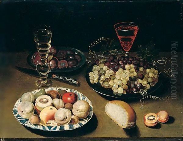 Still Life Of Peaches, Figs, Apples And Walnuts In A Blue And White Porcelain Bowl, Together With Grapes And Plums In Pewter Dishes, Wine Glasses, Bread And A Knife, All Arranged Upon A Table Top Oil Painting by Osias, the Elder Beert