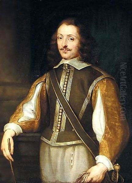 Portrait Of A Gentleman, Three-Quarter Length, Wearing A Brown Jerkin With Slashed Embroidered Gold Sleeves, Holding A Pair Of Gloves Oil Painting by Sir Anthony Van Dyck