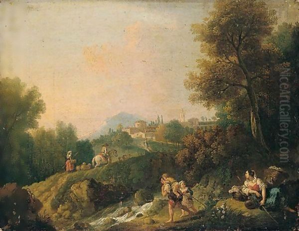 A Pastoral Landscape With Peasants And Herders By A River, A Town Beyond Oil Painting by Giuseppe Zais