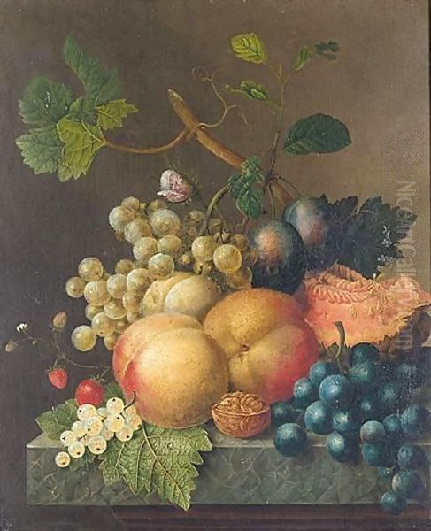 Still Life With Peaches, Plums, Strawberries, Grapes, A Walnut And A Melon On Stone Ledge Oil Painting by Willem van Leen