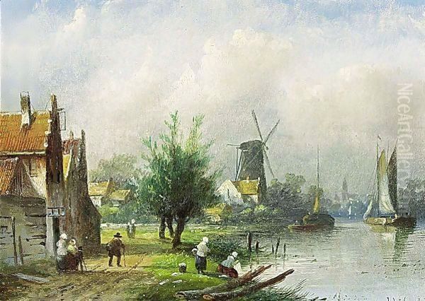 A Sunny Landscape With Washerwomen On A Riverbank Oil Painting by Jan Jacob Coenraad Spohler