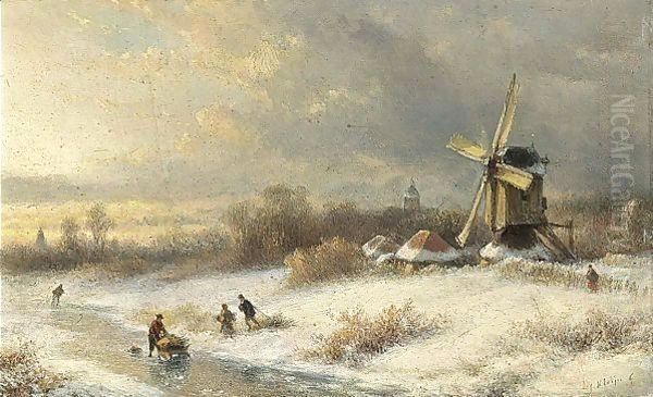 Wood Gatherers In A Winter Landscape Oil Painting by Lodewijk Johannes Kleijn