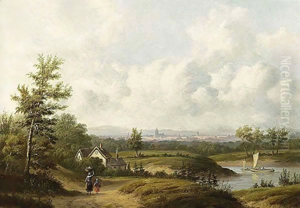 Travellers In A Summer Landscape Oil Painting by Carl Eduard Ahrendts