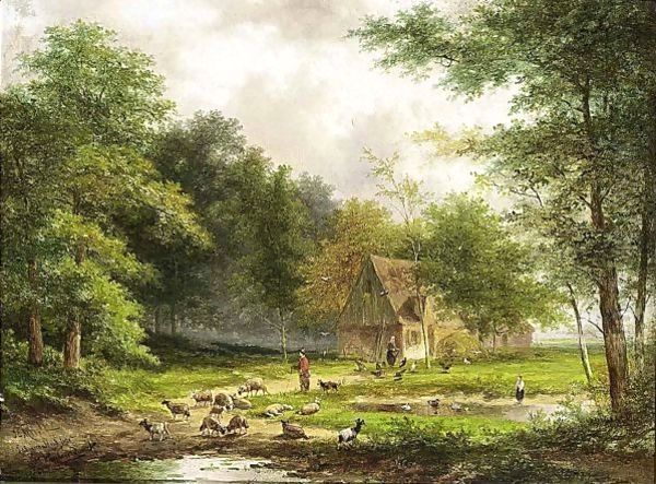 A Shepherd And His Flock In A Wooded Landscape Oil Painting by Jan Evert Morel